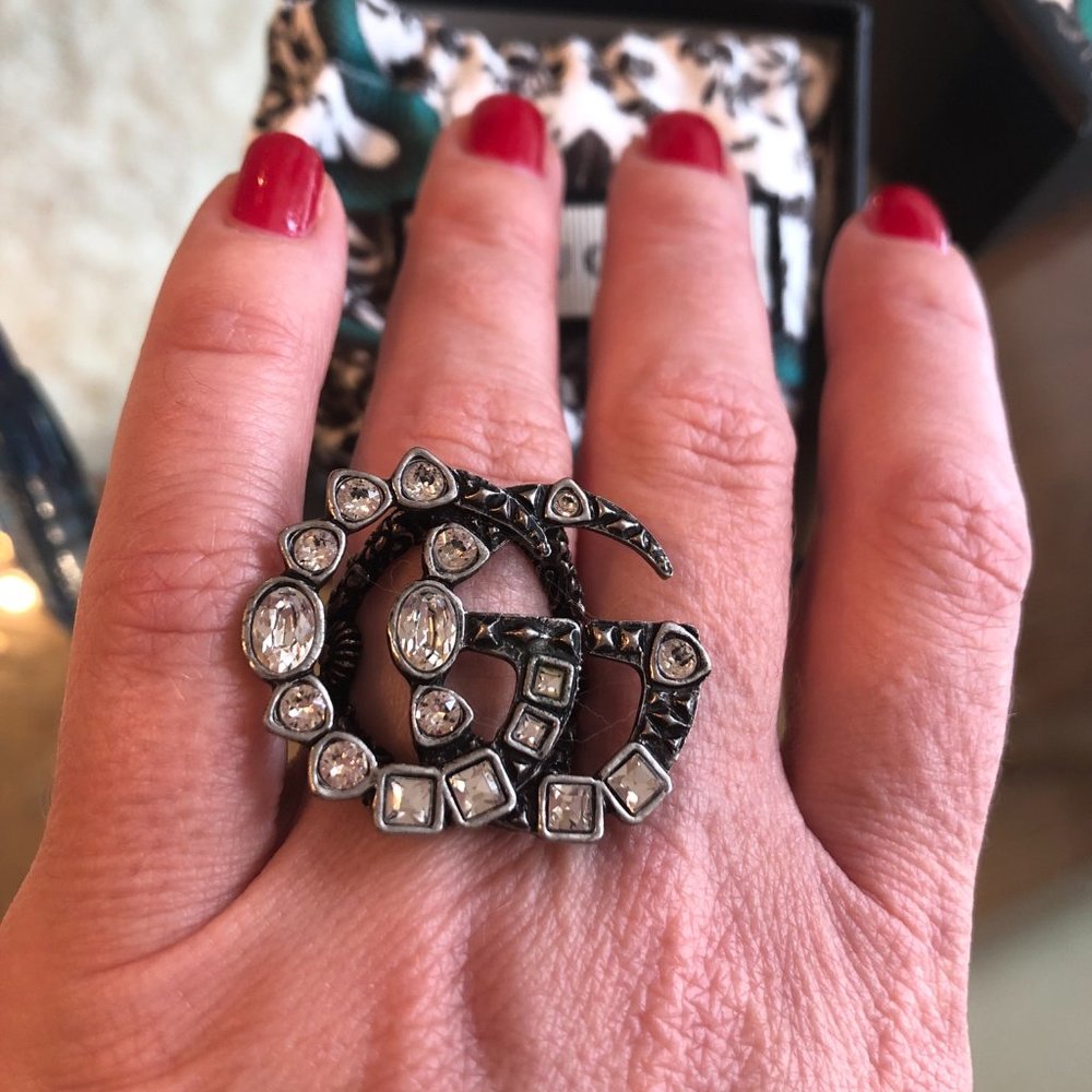 Gucci Crystal Double G Ring in Silver NEW IN BOX - Picture 2 of 5